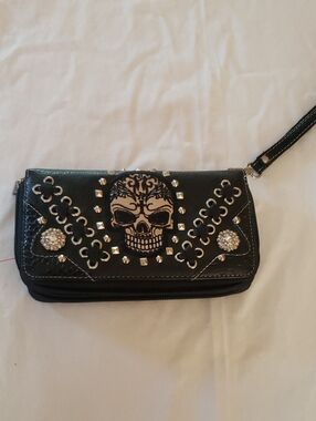 Black Skull Embellished Wristlet Wallet - Women Bags